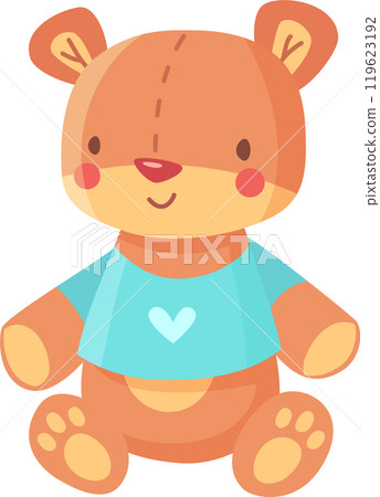 Smiling teddy bear in a heart t shirt evokes warmth and affection, perfect for kids products or love themed designs 119623192