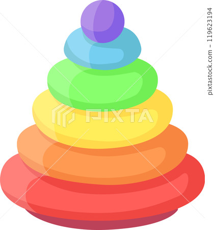 Stacking rings toy with vibrant rainbow colors, designed to stimulate sensory exploration and enhance fine motor skills in young children, fostering cognitive development through playful learning 119623194