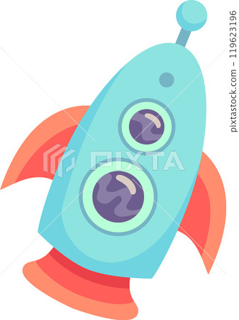 Colorful cartoon rocket ship flying through space with two round windows and three red fins, representing space exploration, futuristic travel, and technological advancement 119623196