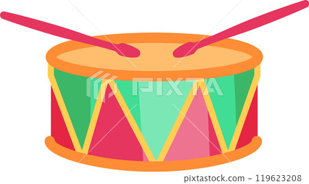 Two drumsticks are hitting a colorful toy drum, creating a cheerful and playful musical scene, perfect for children s illustrations or music related projects 119623208