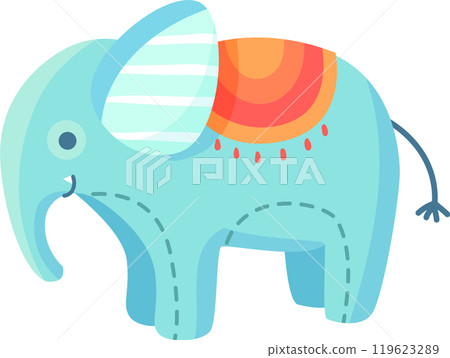 Charming, light blue plush elephant toy stands adorned with a vibrant, rainbow colored blanket, showcasing a playful design with stitched details 119623289