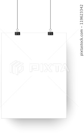White square poster hanging on two binder clips with strings on a white background, creating a simple and elegant display for announcements or artwork White square poster hanging on two binder clips with strings on a white background, creating a simple and elegant display for announcements or artwork 119623342