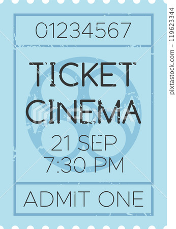 Light blue cinema ticket for a movie screening on september 21st at 7,30 pm, featuring a stylized film reel icon and a worn, vintage aesthetic Light blue cinema ticket for a movie screening on september 21st at 7,30 pm, featuring a stylized film reel icon and a worn, vintage aesthetic 119623344
