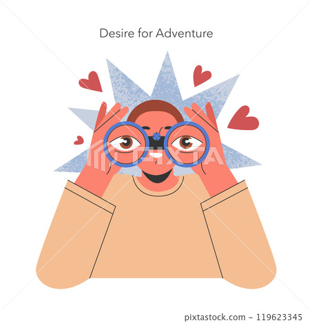 Desire for Adventure concept. Person with binoculars surrounded by hearts, illustrating the excitement for exploration. Whimsical expression of wanderlust. Vector illustration. Desire for Adventure concept. Person with binoculars surrounded by hearts, illustrating the excitement for exploration. Whimsical expression of wanderlust. Vector illustration. 119623345