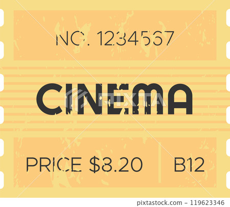 Retro cinema ticket displaying price, seat number, and serial number, evoking nostalgic feelings of classic movie experiences Retro cinema ticket displaying price, seat number, and serial number, evoking nostalgic feelings of classic movie experiences 119623346
