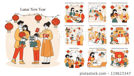 Lunar New Year set. Celebrations include family dinners, gift exchanges, and decorating with red lanterns. Cultural traditions and festive activities blend in these warm illustrations. Vector Lunar New Year set. Celebrations include family dinners, gift exchanges, and decorating with red lanterns. Cultural traditions and festive activities blend in these warm illustrations. Vector 119623347