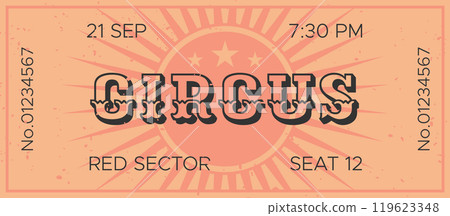 Orange vintage circus ticket for seat number twelve on 21 september at 7,30 pm, with retro charm and nostalgic design, perfect for entertainment projects Orange vintage circus ticket for seat number twelve on 21 september at 7,30 pm, with retro charm and nostalgic design, perfect for entertainment projects 119623348