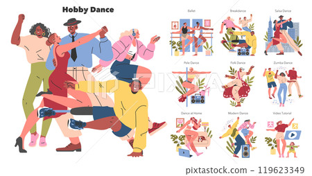 Hobby Dance set. Diverse dancing styles showcased by joyful characters. Ballet, breakdance, salsa, pole, folk, zumba, modern dance, and at-home practice. Vector illustration. Hobby Dance set. Diverse dancing styles showcased by joyful characters. Ballet, breakdance, salsa, pole, folk, zumba, modern dance, and at-home practice. Vector illustration. 119623349