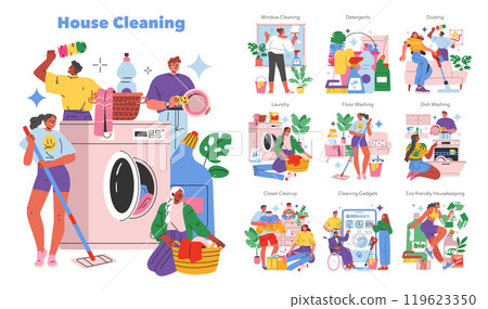 House Cleaning set. Diverse people engaged in different home cleaning tasks. Window washing, laundry, dusting, and eco-friendly housekeeping. Vector illustration. House Cleaning set. Diverse people engaged in different home cleaning tasks. Window washing, laundry, dusting, and eco-friendly housekeeping. Vector illustration. 119623350