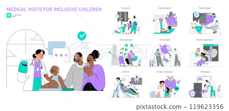 Medical Visits for Inclusive Children set. Specialized pediatric healthcare services. Inclusive medical environment, diverse specialists, and welcoming atmosphere. Vector illustration. 119623356
