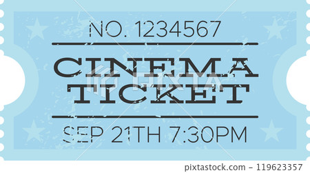Light blue vintage cinema ticket with number, date and time, isolated on white background, representing entertainment and movies Light blue vintage cinema ticket with number, date and time, isolated on white background, representing entertainment and movies 119623357