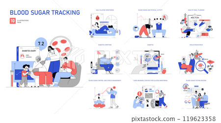 Blood Sugar Tracking set. Managing diabetes through regular monitoring and healthy lifestyle choices. Diabetic care, glucose tests, and dietary planning. Vector illustration. 119623358