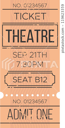 Orange vintage theatre ticket for a show on september 21th at 7,30 pm, seat b12, with a distressed texture and decorative elements Orange vintage theatre ticket for a show on september 21th at 7,30 pm, seat b12, with a distressed texture and decorative elements 119623359