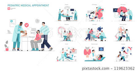 Pediatric Medical Appointment set. Child healthcare and specialist consultations. Doctor's visit, diagnosis, and treatment. Vector illustration. Pediatric Medical Appointment set. Child healthcare and specialist consultations. Doctor's visit, diagnosis, and treatment. Vector illustration. 119623362