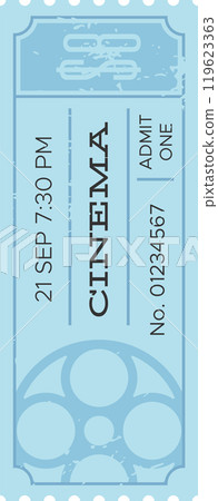 Light blue cinema ticket for a showing at 7,30 pm on 21 september with a film reel symbol, admitting one person, suggesting a nostalgic or vintage feel for moviegoing Light blue cinema ticket for a showing at 7,30 pm on 21 september with a film reel symbol, admitting one person, suggesting a nostalgic or vintage feel for moviegoing 119623363