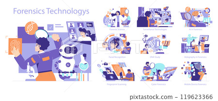 Forensics Technology set. Exploration of digital and biological evidence methods. Illustrations display various forensic analysis tools and processes. Vector illustration. Forensics Technology set. Exploration of digital and biological evidence methods. Illustrations display various forensic analysis tools and processes. Vector illustration. 119623366