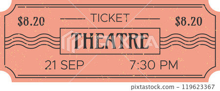 Retro styled pink theater ticket with a price of 8.20, scheduled for september 21st at 7,30 pm, evoking nostalgia and entertainment Retro styled pink theater ticket with a price of 8.20, scheduled for september 21st at 7,30 pm, evoking nostalgia and entertainment 119623367