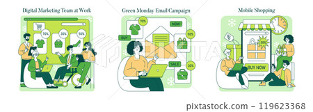 Online Shopping set. Digital team analyzes ecommerce data, woman engages with an email promo, customers enjoy mobile deals. Vector illustration. Online Shopping set. Digital team analyzes ecommerce data, woman engages with an email promo, customers enjoy mobile deals. Vector illustration. 119623368