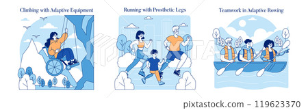 Sports for Disabled People set. Athletic pursuits highlighting inclusivity with adaptive equipment. Climbing, running, and rowing activities. Vector illustration. Sports for Disabled People set. Athletic pursuits highlighting inclusivity with adaptive equipment. Climbing, running, and rowing activities. Vector illustration. 119623370