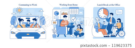 Work Routine set. Diversity of modern work life captured in commuting, remote jobs, and office breaks. Daily activities with technology and teamwork. Vector illustration. 119623375