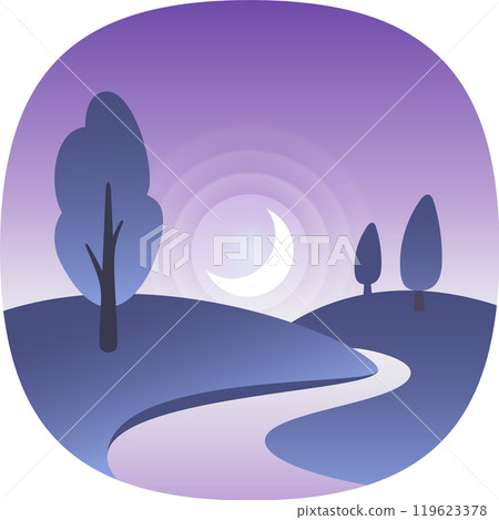Crescent moon illuminating a tranquil landscape with a winding river, stylized trees, and rolling hills bathed in the soft glow of twilight, evoking a sense of peace and tranquility 119623378