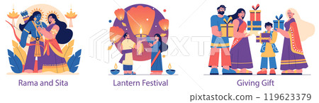 Divali set. Celebrations of the Festival of Lights with Rama and Sita, a Lantern Festival, and the tradition of giving gifts. Colorful cultural representation. Vector illustration. Divali set. Celebrations of the Festival of Lights with Rama and Sita, a Lantern Festival, and the tradition of giving gifts. Colorful cultural representation. Vector illustration. 119623379
