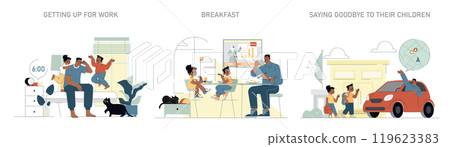 Builder's morning routine set. Man wakes, enjoys breakfast with family, and bids farewell to kids. Daily life balance, family values. Vector illustration. 119623383