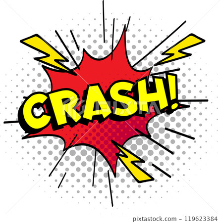 Yellow crash writing on a red comic explosion shape with lightning bolts and halftone dots, expressing a sudden impact or collision 119623384