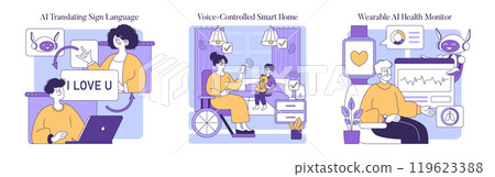 Assistive technology set. AI translating sign language, voice-controlled home, wearable health monitor. Enabling independence for disabled individuals. Vector illustration. 119623388