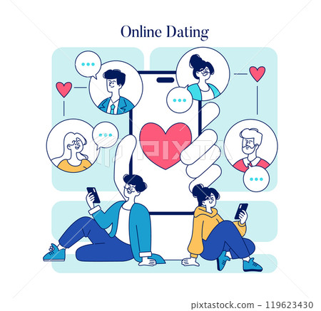Online Dating concept. Two people engage in romance through a digital app amidst floating profiles and chat bubbles. Connection in the age of technology. Vector illustration. 119623430