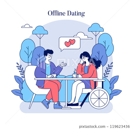 Offline Dating concept. Couple enjoying a conversation over coffee in a tranquil outdoor setting with nature elements. Romantic encounter and relationship building. Vector illustration. 119623436