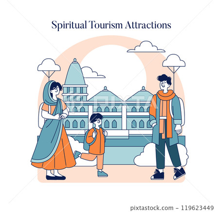 Pilgrimage concept. Family visits a sacred religious site for spiritual growth and harmony. Cultural heritage and tradition journey. Vector illustration. 119623449