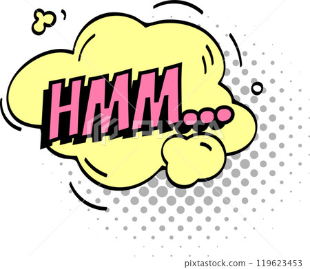 Yellow thought bubble with pink hmm text and small circles representing confusion, hesitation, or contemplation, set against a halftone dotted background Yellow thought bubble with pink hmm text and small circles representing confusion, hesitation, or contemplation, set against a halftone dotted background 119623453