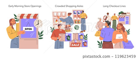 Black Friday set. Shoppers engage in early store openings, navigate crowded aisles, and wait in long checkout lines. Holiday shopping rush. Vector illustration. Black Friday set. Shoppers engage in early store openings, navigate crowded aisles, and wait in long checkout lines. Holiday shopping rush. Vector illustration. 119623459