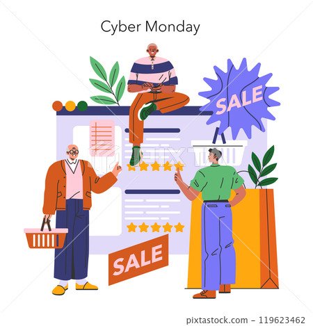 Cyber Monday concept. Shoppers engage with online sales, expressing the excitement of digital deals and discounts. Vector illustration. 119623462