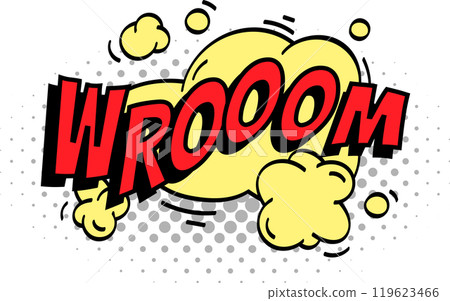 Vibrant yellow speech bubble with bold red wroom writing and dynamic motion lines. Evoking speed and movement in classic comic book style. Perfect for conveying messages or adding humor to any project Vibrant yellow speech bubble with bold red wroom writing and dynamic motion lines. Evoking speed and movement in classic comic book style. Perfect for conveying messages or adding humor to any project 119623466