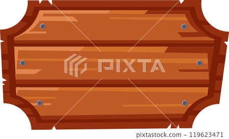 Weathered wooden sign with nails, ideal for customizing with text or graphics, adding a vintage touch to design projects. Let your creativity shine on this aged backdrop. 119623471