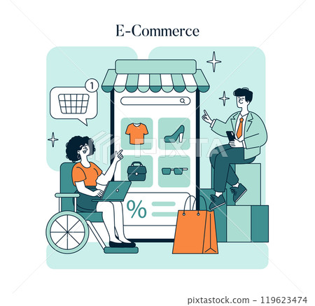 Small Business Saturday concept. Shoppers support local stores online, highlighting community unity and economic impact. Vector illustration. 119623474