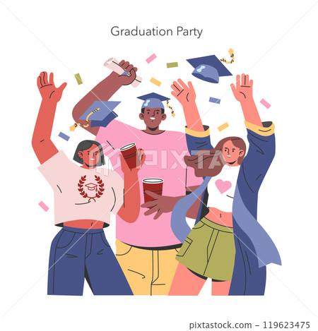 Graduation party concept. Joyful diverse graduates celebrating academic success with confetti, caps, and drinks. End of school year celebration. Vector illustration. Graduation party concept. Joyful diverse graduates celebrating academic success with confetti, caps, and drinks. End of school year celebration. Vector illustration. 119623475