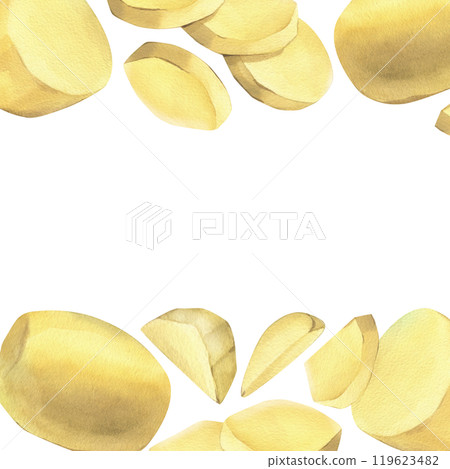 White potatoes, peeled, whole, half, cut into slices and sticks for French fries. Hand drawn watercolor illustration on the theme of cooking, food. Set of elements isolated from background 119623482