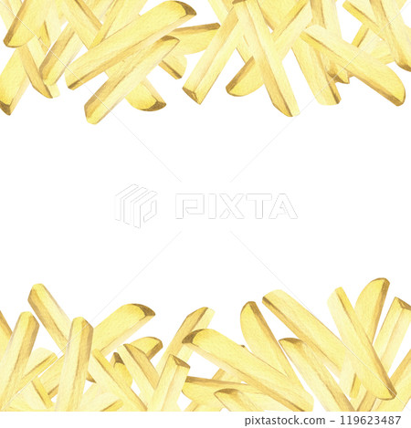 White potato slices, peeled, long french fry sticks, a bunch. Watercolor hand drawn illustration on the theme of harvesting, cooking, food, vegetable shop design. Composition isolated from background White potato slices, peeled, long french fry sticks, a bunch. Watercolor hand drawn illustration on the theme of harvesting, cooking, food, vegetable shop design. Composition isolated from background 119623487