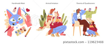 Quadrooners set. Creative expressions and familial interactions. Crafting, playful mimicry, and tender parent-child moments. Vector illustration. 119623488