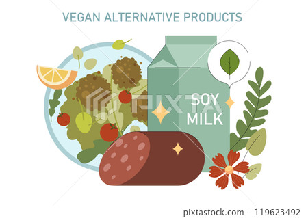 World Vegan Day concept. Illustration of soy milk and plant-based foods as dairy and meat alternatives. Healthy lifestyle and diet choice. Vector illustration. 119623492