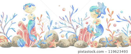 Mermaids is a little girls and boys with fish, seashell, corals, algae, starfish. Watercolor illustration hand drawn pastel colors coral and blue. Seamless board isolated from background 119623493