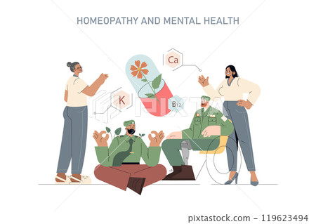 Homeopathy concept. Natural remedies supporting mental health, illustrated by a diverse group of people and a capsule with herbs. Vector illustration. 119623494