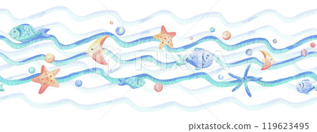 Sea waves, various fish, starfish, shells and bubbles. Hand drawn watercolor illustration in blue and coral colors. Seamless borders, childish, cute, gentle simple for textiles and nursery decoration 119623495
