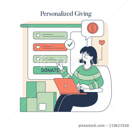 Giving Tuesday concept. A woman engages in online charitable donations, choosing causes to support on her laptop. Digital philanthropy and generosity scene. Vector illustration. Giving Tuesday concept. A woman engages in online charitable donations, choosing causes to support on her laptop. Digital philanthropy and generosity scene. Vector illustration. 119623508