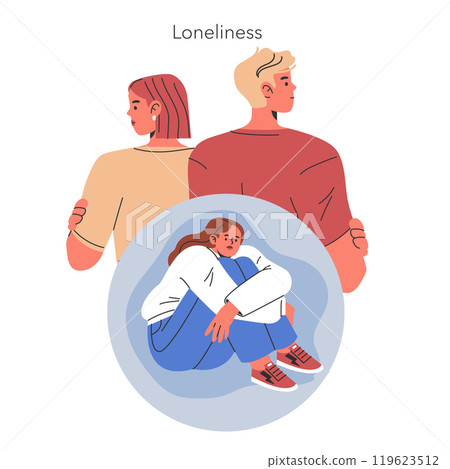 Emotional distance concept. A woman feeling alone despite being in a relationship, expressing emotional isolation. Illustrated metaphor for relationship issues. Vector illustration. 119623512