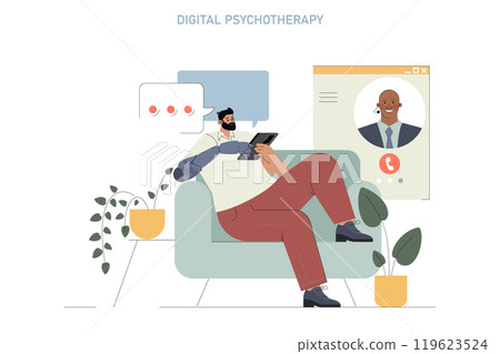 Digital psychotherapy concept. Man with prosthetic arm having an online counseling session. Comfort of mental health support from home. Vector illustration. 119623524