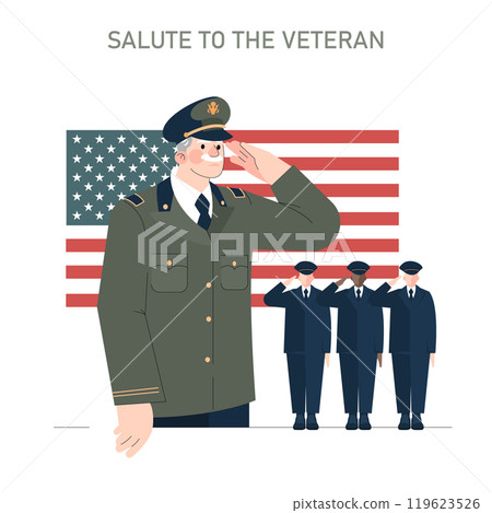 Veteran's Day tribute illustration. A senior military officer saluting, with soldiers honoring him against an American flag backdrop. Vector illustration. Veteran's Day tribute illustration. A senior military officer saluting, with soldiers honoring him against an American flag backdrop. Vector illustration. 119623526